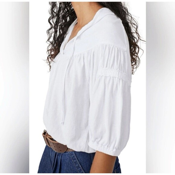Free People No Good Alone Tee Top Optic White Puff Sleeve V-Neck Size L NWT - Picture 2 of 13